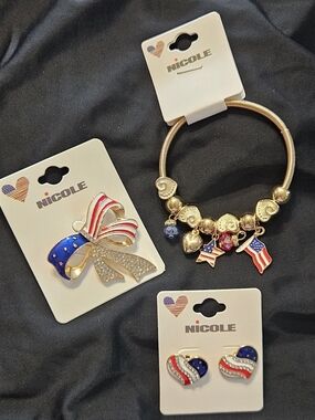 Nicole Gold-Tone Patriotic Enamel & Crystal Bow Brooch - Red, White, Blue